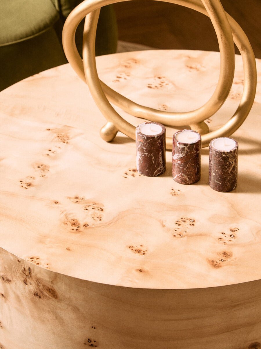 Natural Burl Wood Round Coffee Table with Drum Shape Design, Mota - Joe’s Haven