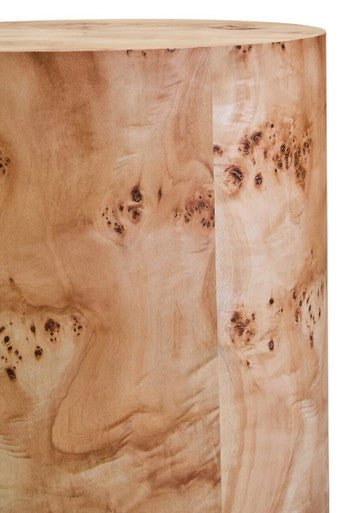 Natural Burl Wood Round Side Table with Drum Shape Design, Mota - Joe’s Haven