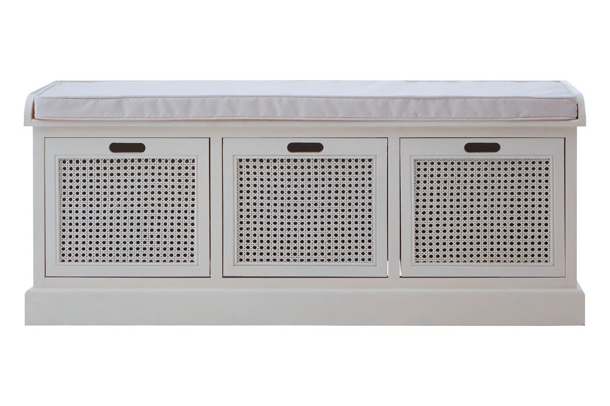 Heritage White Three Drawer Storage Bench with Cushion - Joe’s Haven