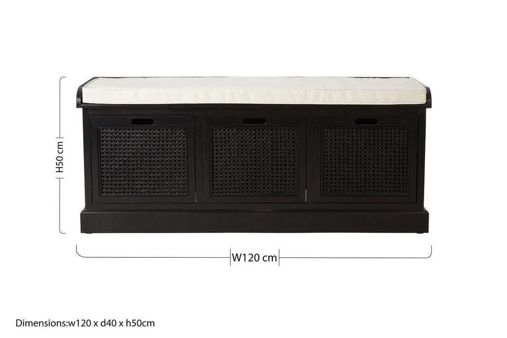 Heritage Black Three Drawer Storage Bench with Cushion - Joe’s Haven