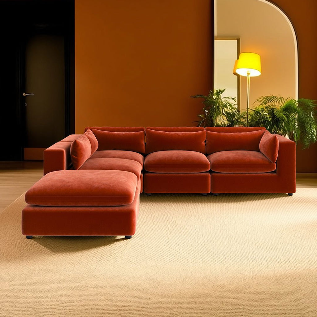Ranjan Three Seater Corner Sofa, Red Velvet - Joe’s Haven