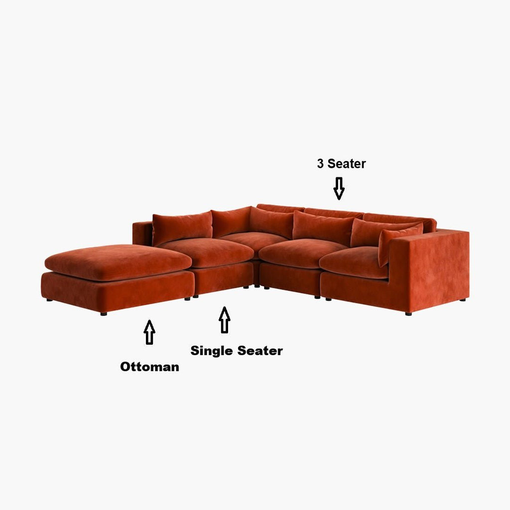 Ranjan Three Seater Corner Sofa, Red Velvet - Joe’s Haven