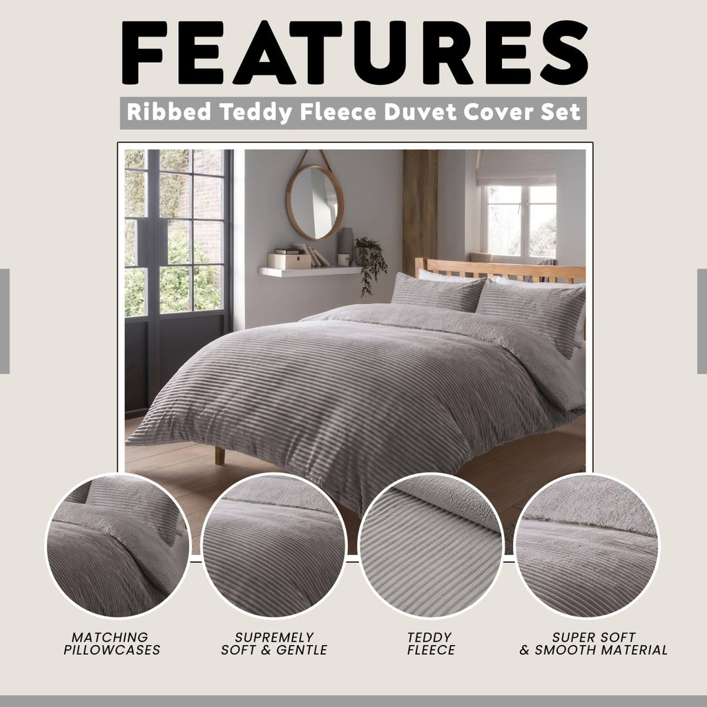 OLIVIA ROCCO Ribbed Fleece Reversible Teddy Duvet Set OEKO-TEX Certified Multiple Sizes - Joe’s Haven