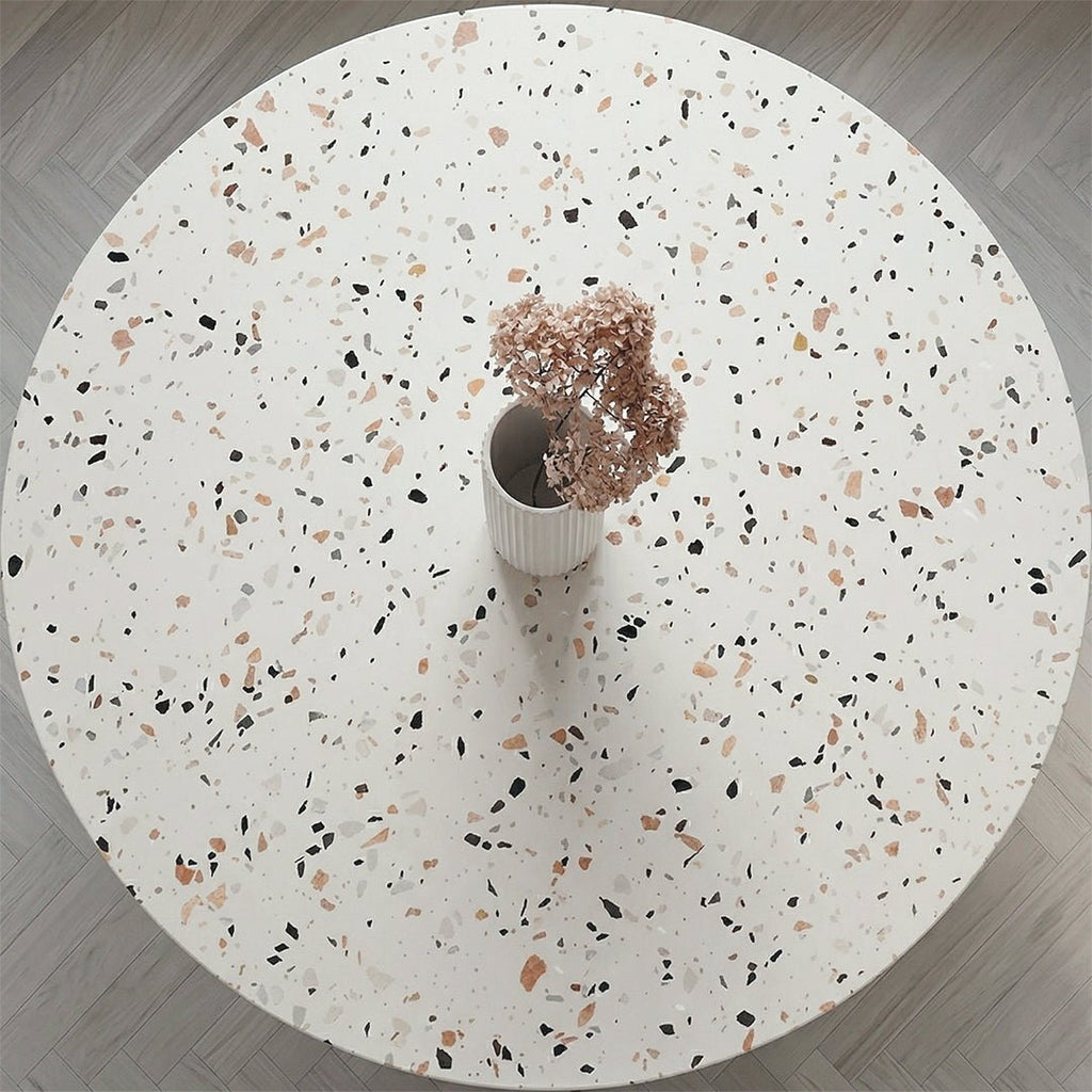 Cracky White Round Dining Table, Premium Terrazzo And Wood Base - Joe’s Haven