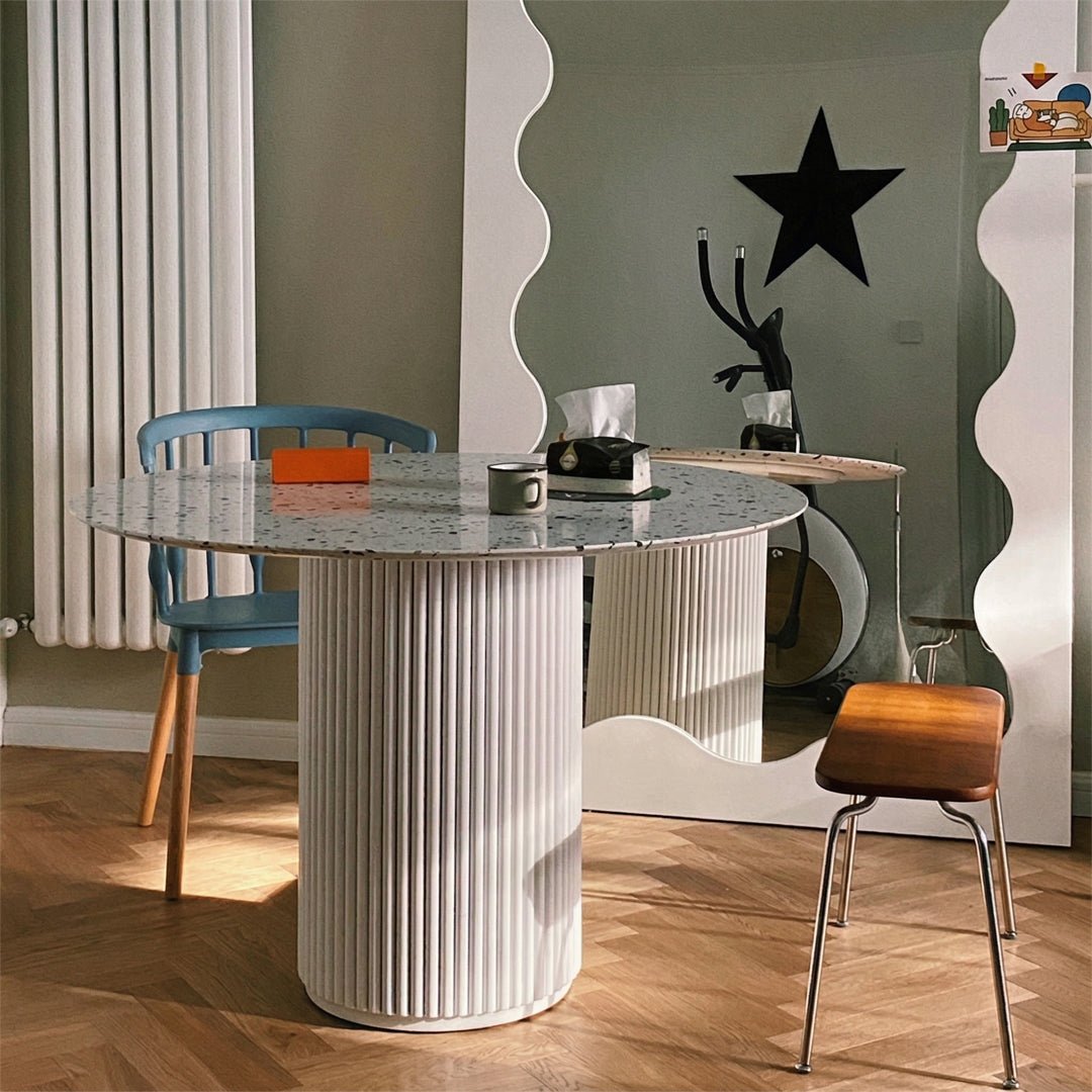 Cracky White Round Dining Table, Premium Terrazzo And Wood Base - Joe’s Haven