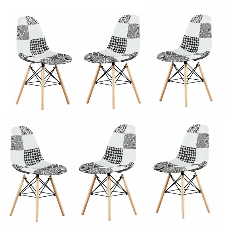 Black/White Patchwork Modern Dining Chair with Wooden Legs & Black Metal Wire Frame - Joe’s Haven