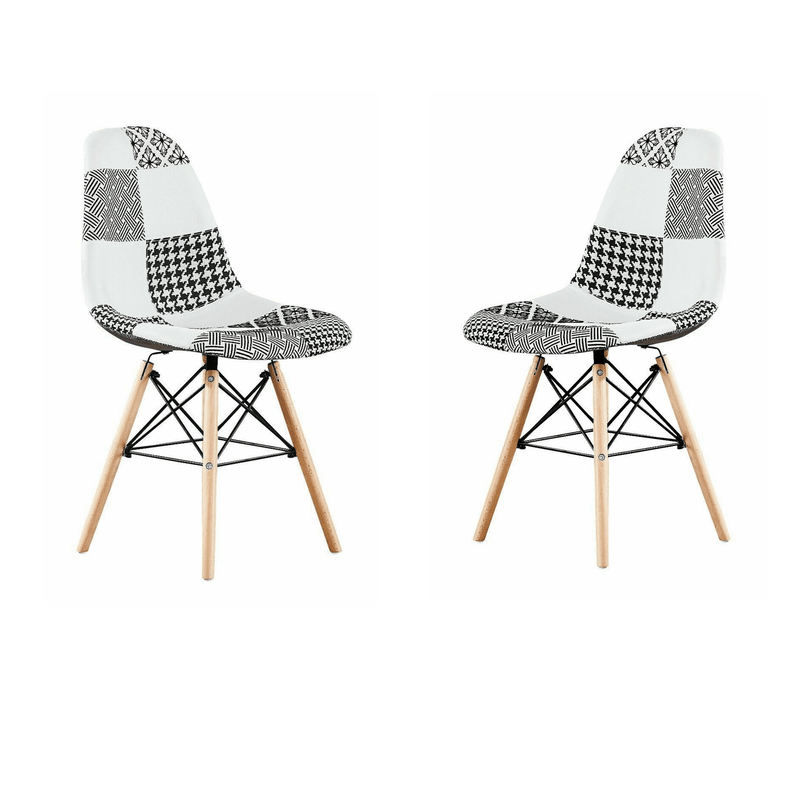 Black/White Patchwork Modern Dining Chair with Wooden Legs & Black Metal Wire Frame - Joe’s Haven