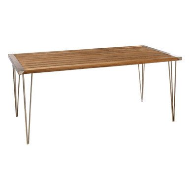 Brown Slatted Teak Wood Dining Table with Nickel Finish Hairpin Legs, Nandri - Joe’s Haven