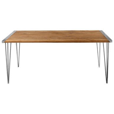 Brown Slatted Teak Wood Dining Table with Nickel Finish Hairpin Legs, Nandri - Joe’s Haven