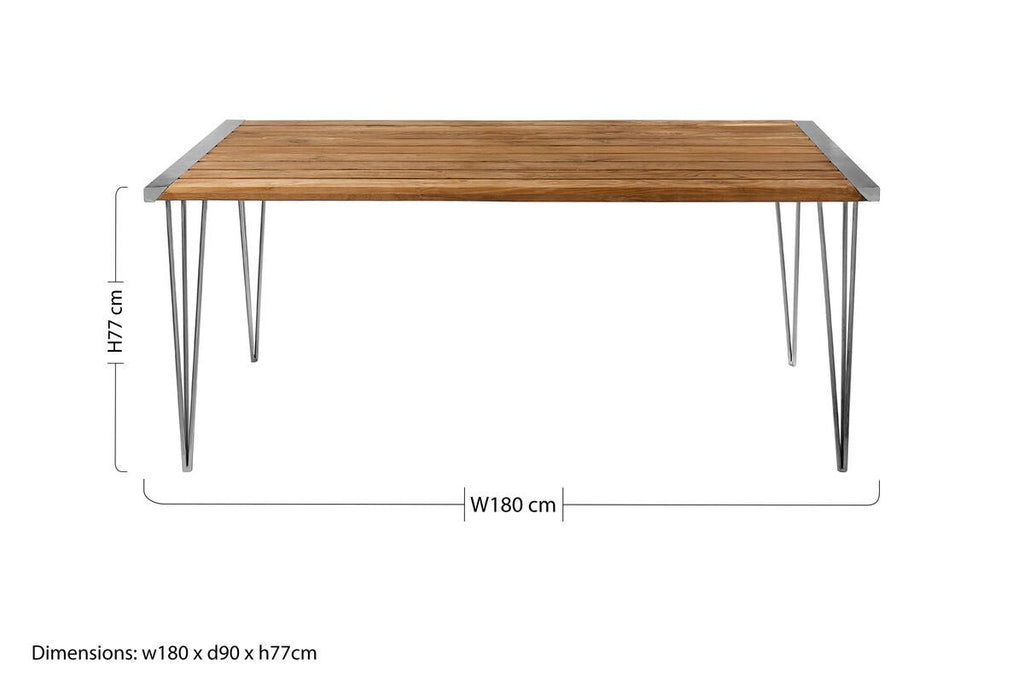 Brown Slatted Teak Wood Dining Table with Nickel Finish Hairpin Legs, Nandri - Joe’s Haven