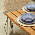 Brown Slatted Teak Wood Dining Table with Nickel Finish Hairpin Legs, Nandri - Joe’s Haven