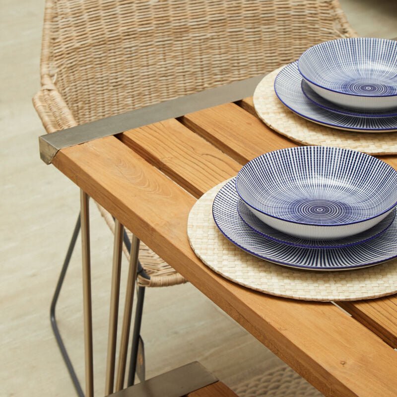 Brown Slatted Teak Wood Dining Table with Nickel Finish Hairpin Legs, Nandri - Joe’s Haven