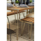 Brown Slatted Teak Wood Dining Table with Nickel Finish Hairpin Legs, Nandri - Joe’s Haven