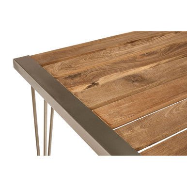 Brown Slatted Teak Wood Dining Table with Nickel Finish Hairpin Legs, Nandri - Joe’s Haven