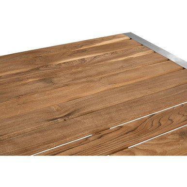 Brown Slatted Teak Wood Dining Table with Nickel Finish Hairpin Legs, Nandri - Joe’s Haven