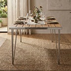 Brown Slatted Teak Wood Dining Table with Nickel Finish Hairpin Legs | Nandri - Joe’s Haven