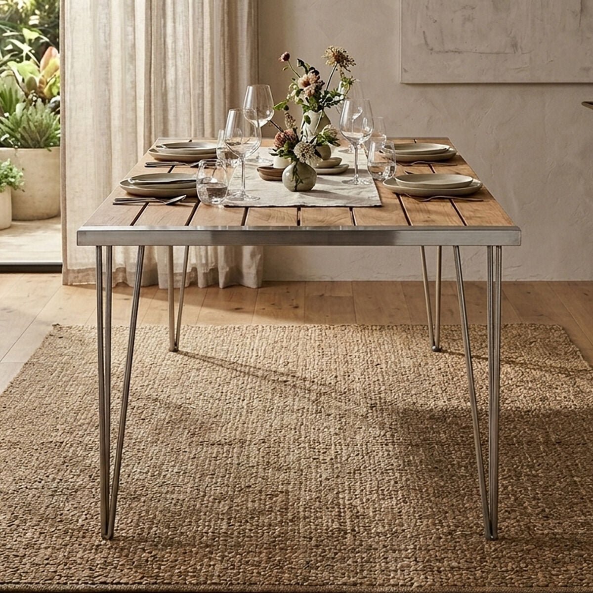 Brown Slatted Teak Wood Dining Table with Nickel Finish Hairpin Legs | Nandri - Joe’s Haven