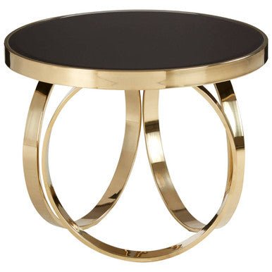 Mirrored Black Round Top Coffee Table with Gold Stainless Steel Ring Base, Ragusa - Joe’s Haven
