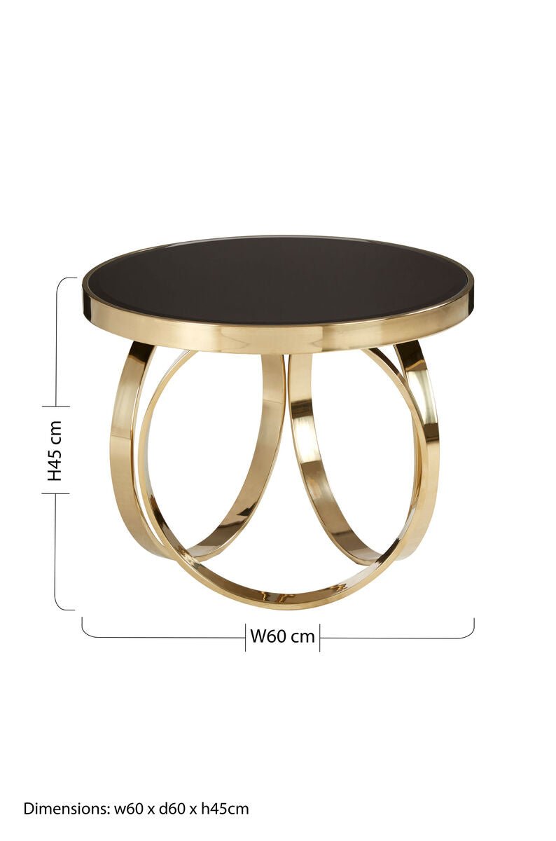 Mirrored Black Round Top Coffee Table with Gold Stainless Steel Ring Base, Ragusa - Joe’s Haven