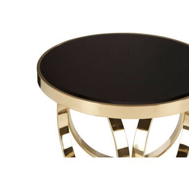 Mirrored Black Round Top Coffee Table with Gold Stainless Steel Ring Base, Ragusa - Joe’s Haven