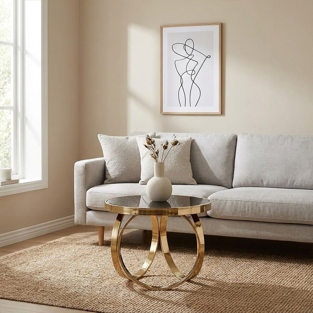 Mirrored Black Round Top Coffee Table with Gold Stainless Steel Ring Base, Ragusa - Joe’s Haven