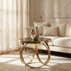 Mirrored Black Round Top Coffee Table with Gold Stainless Steel Ring Base, Ragusa - Joe’s Haven