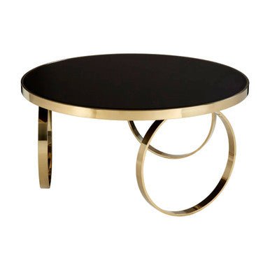 Large Round Mirrored Black Top Coffee Table with Gold Finish Stainless Steel Ring Base, Ragusa - Joe’s Haven