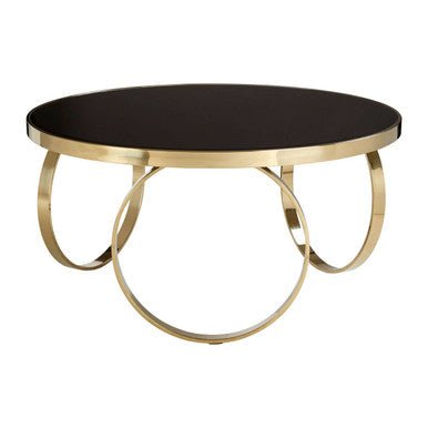 Large Round Mirrored Black Top Coffee Table with Gold Finish Stainless Steel Ring Base, Ragusa - Joe’s Haven