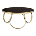 Large Round Mirrored Black Top Coffee Table with Gold Finish Stainless Steel Ring Base, Ragusa - Joe’s Haven