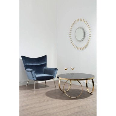 Large Round Mirrored Black Top Coffee Table with Gold Finish Stainless Steel Ring Base, Ragusa - Joe’s Haven