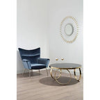 Large Round Mirrored Black Top Coffee Table with Gold Finish Stainless Steel Ring Base, Ragusa - Joe’s Haven