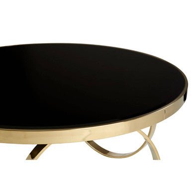 Large Round Mirrored Black Top Coffee Table with Gold Finish Stainless Steel Ring Base, Ragusa - Joe’s Haven