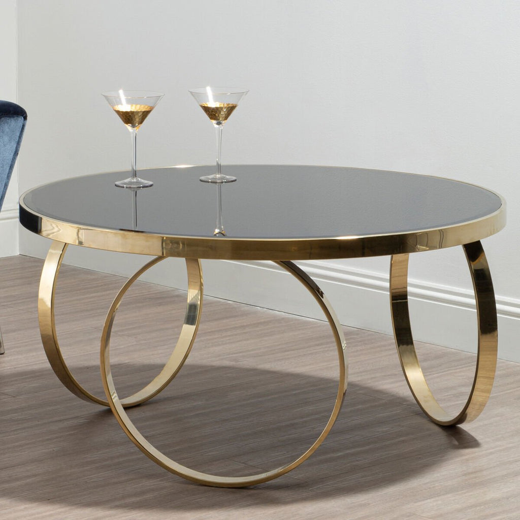 Large Round Mirrored Black Top Coffee Table with Gold Finish Stainless Steel Ring Base, Ragusa - Joe’s Haven