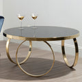 Large Round Mirrored Black Top Coffee Table with Gold Finish Stainless Steel Ring Base, Ragusa - Joe’s Haven