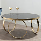 Large Round Mirrored Black Top Coffee Table with Gold Finish Stainless Steel Ring Base, Ragusa - Joe’s Haven