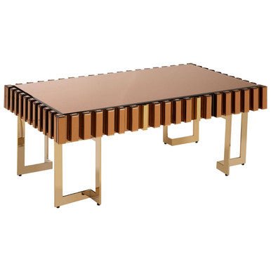 Mirrored Glass Top Coffee Table with Corrugated Sides and Gold Finish Frame, Rivoli - Joe’s Haven