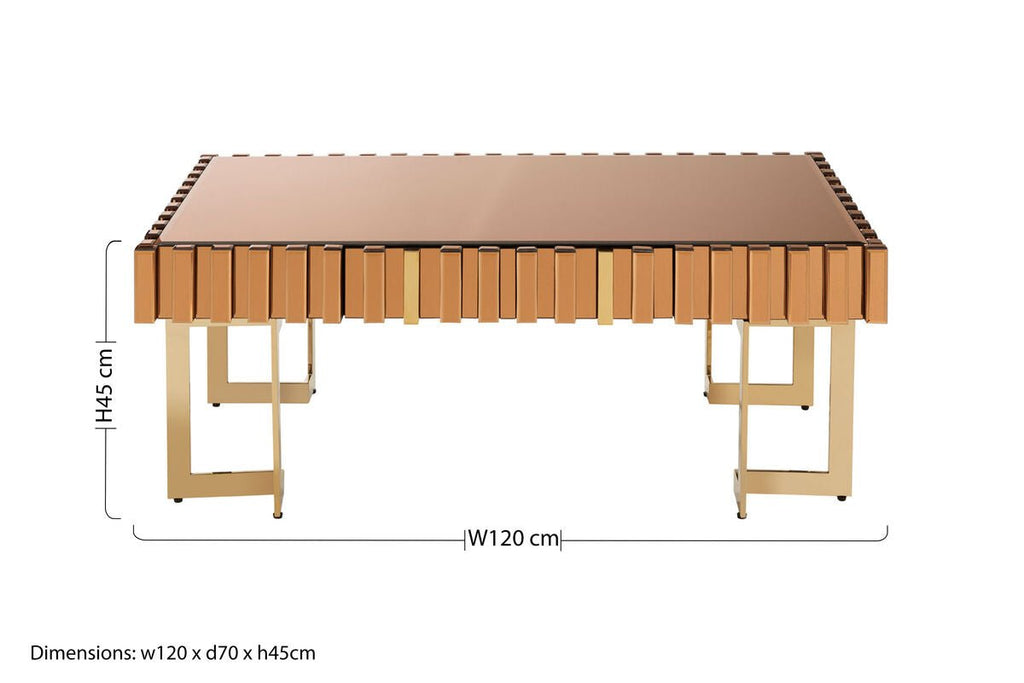 Mirrored Glass Top Coffee Table with Corrugated Sides and Gold Finish Frame, Rivoli - Joe’s Haven