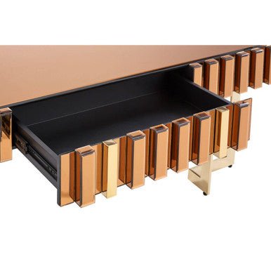Mirrored Glass Top Coffee Table with Corrugated Sides and Gold Finish Frame, Rivoli - Joe’s Haven