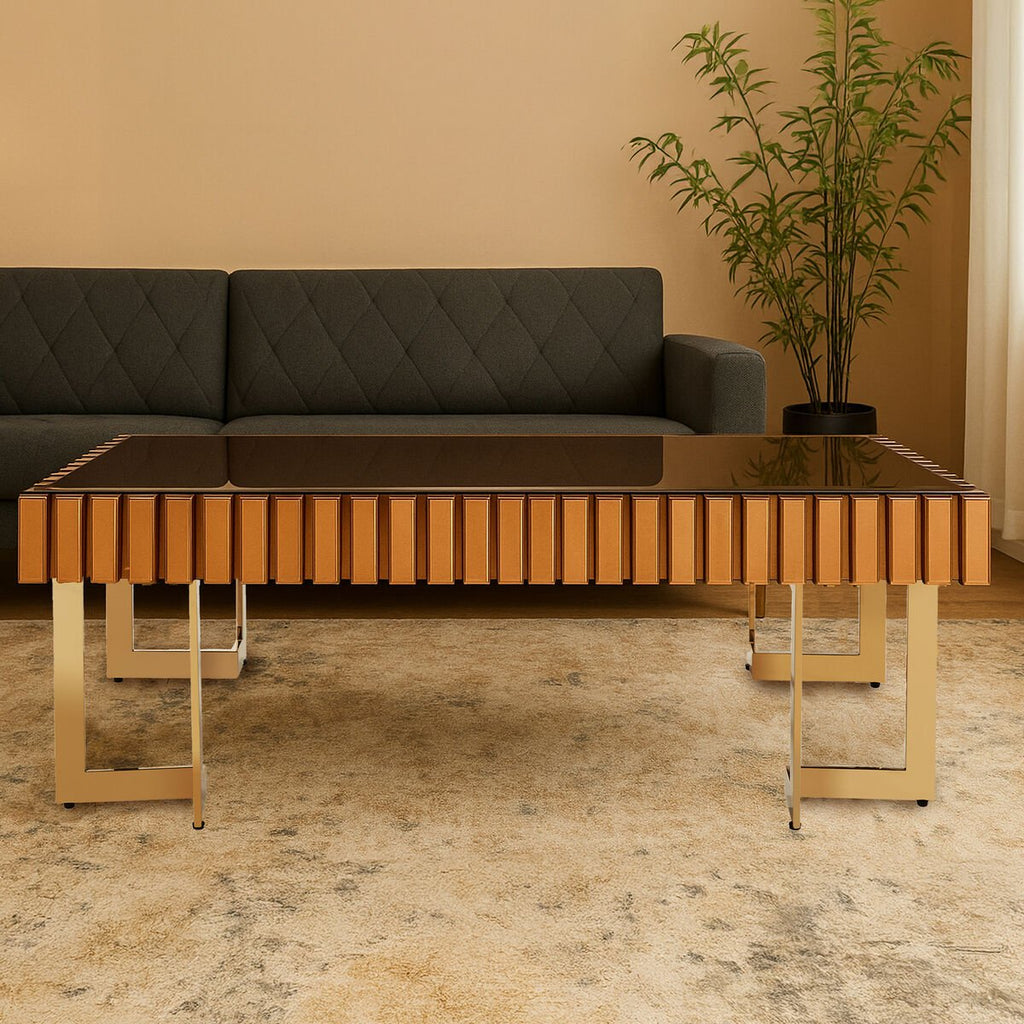 Mirrored Glass Top Coffee Table with Corrugated Sides and Gold Finish Frame, Rivoli - Joe’s Haven