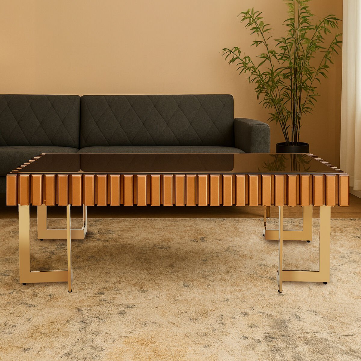 Mirrored Glass Top Coffee Table with Corrugated Sides and Gold Finish Frame, Rivoli - Joe’s Haven