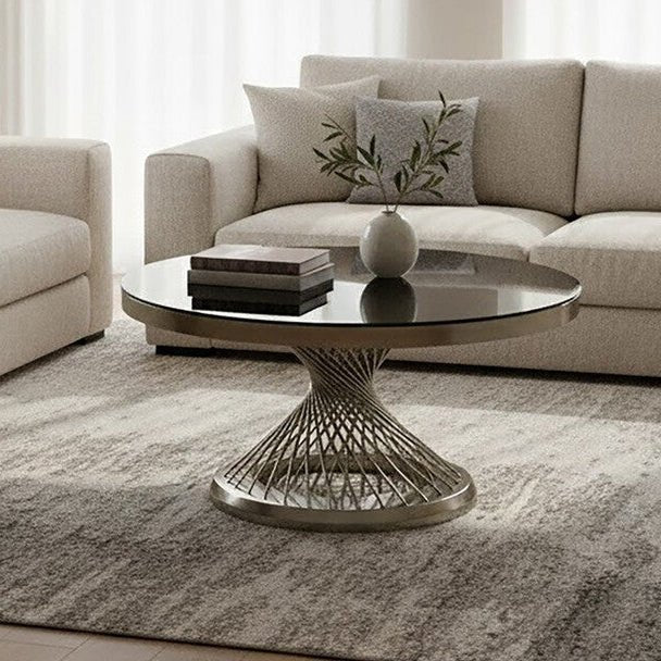 Black Tempered Glass Top Coffee Table with Silver Base, Anzio - Joe’s Haven