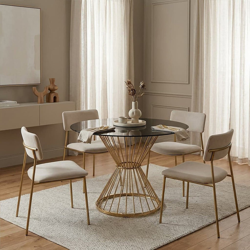 Hourglass Dining Table with Black Glass Top and Gold Base, Anzio - Joe’s Haven