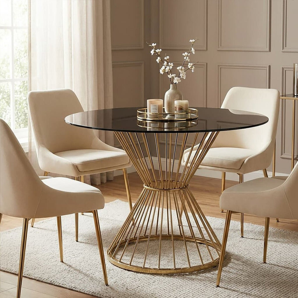 Hourglass Dining Table with Black Glass Top and Gold Base, Anzio - Joe’s Haven