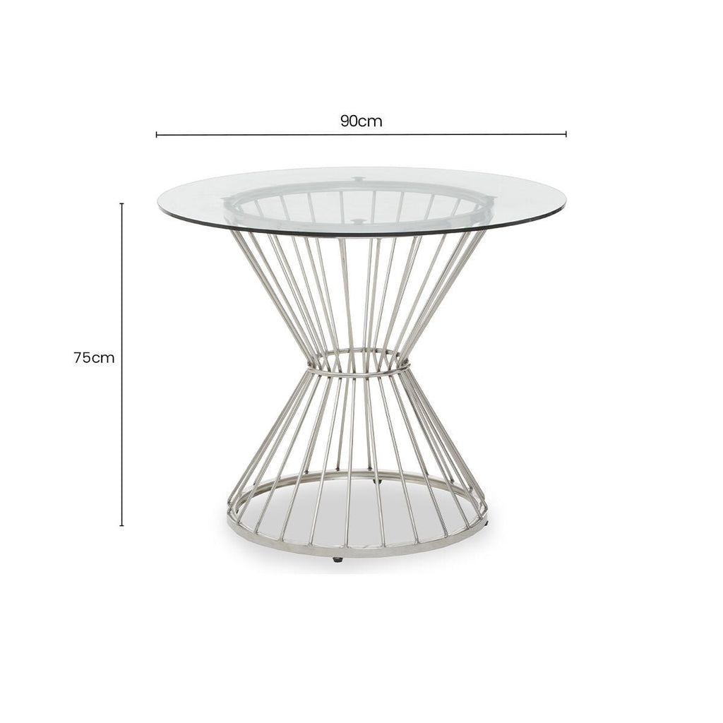 Hourglass Dining Table with Clear Glass Top and Silver Base, Anzio - Joe’s Haven