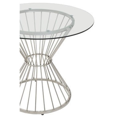 Hourglass Dining Table with Clear Glass Top and Silver Base, Anzio - Joe’s Haven