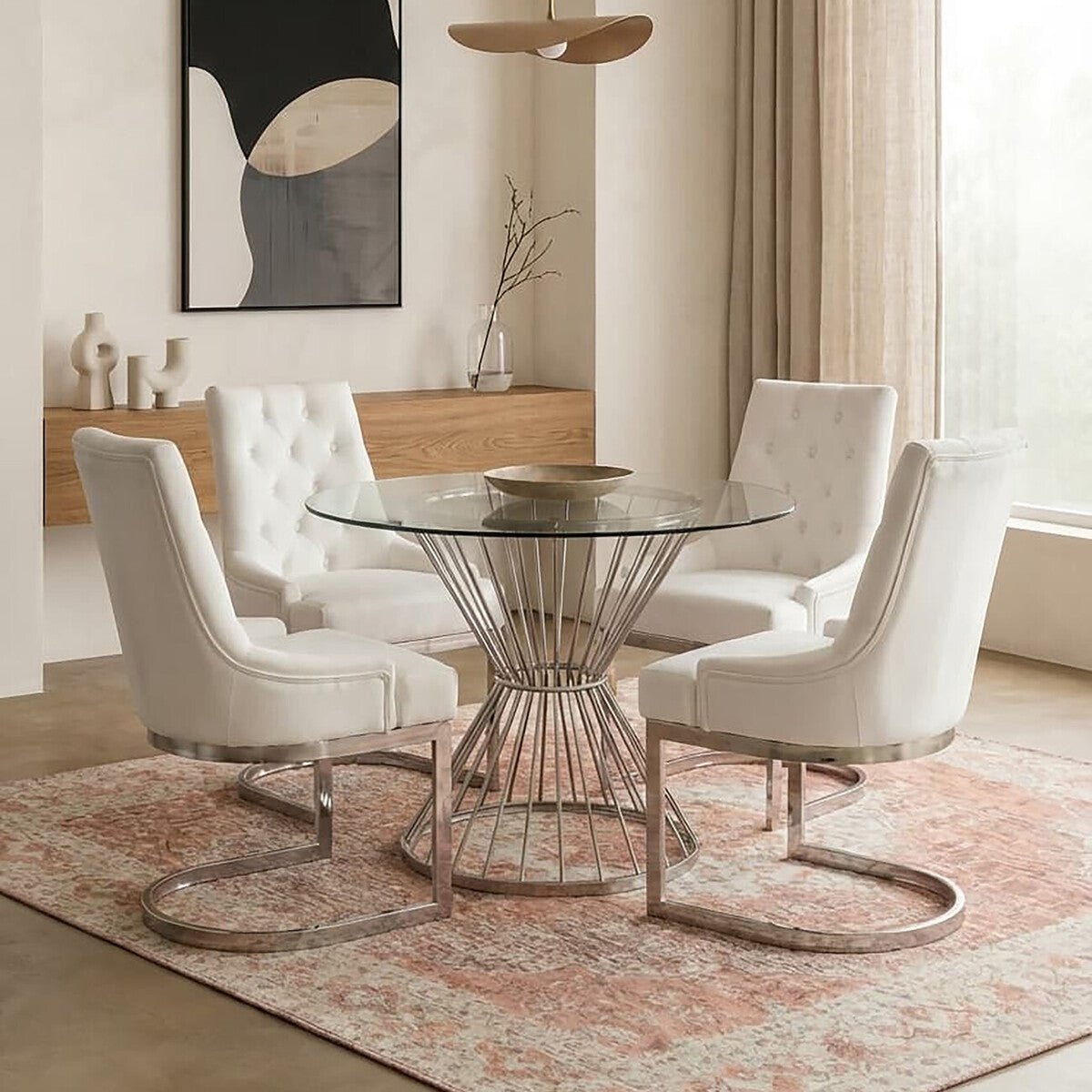 Hourglass Dining Table with Clear Glass Top and Silver Base, Anzio - Joe’s Haven