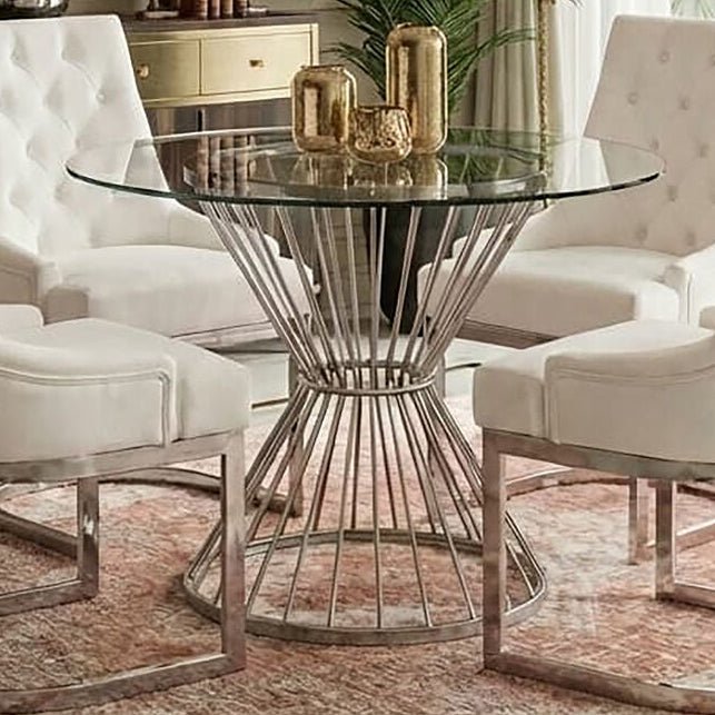Hourglass Dining Table with Clear Glass Top and Silver Base, Anzio - Joe’s Haven