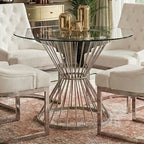 Hourglass Dining Table with Clear Glass Top and Silver Base, Anzio - Joe’s Haven