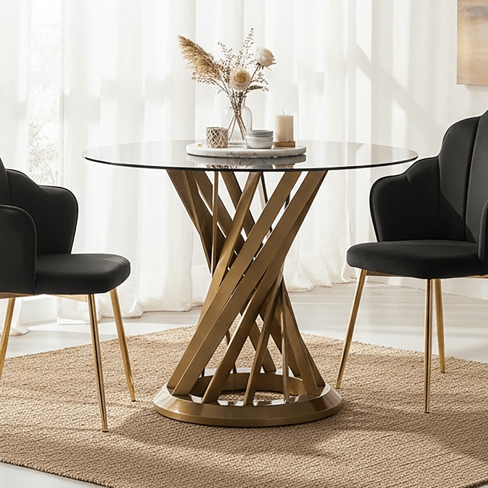 Black Glass Top and Gold Hourglass Base Dining Table, Anzio - Joe’s Haven