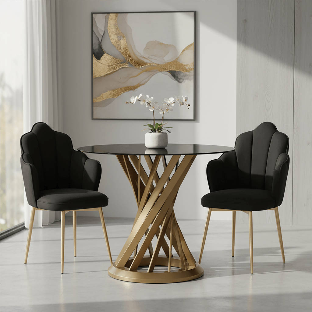 Black Glass Top and Gold Hourglass Base Dining Table, Anzio - Joe’s Haven